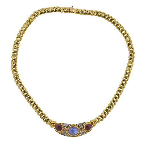 1980s 14k Gold Sapphire Ruby Cabochon Diamond Necklace