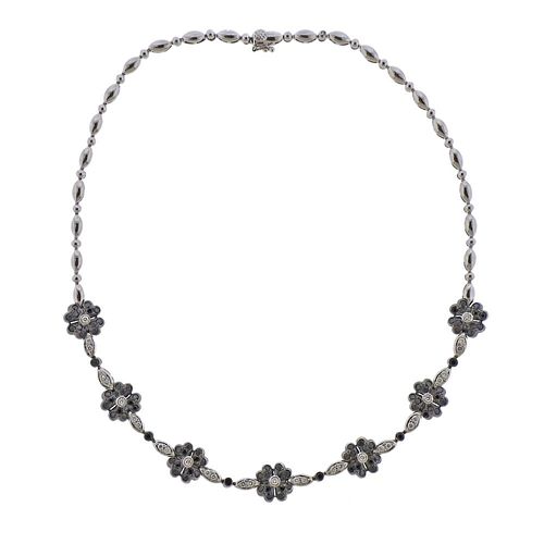 18k Gold Black White Diamond Flower Necklace