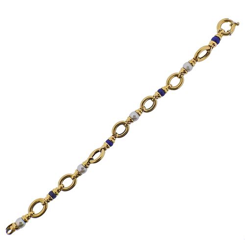 18k Gold Pearl Lapis Link Bracelet