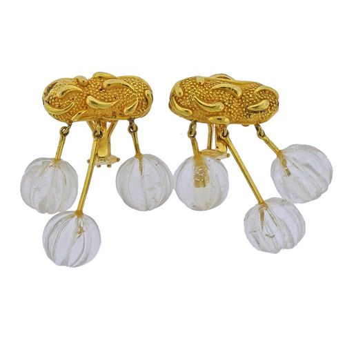 18k Gold Carved Crystal Earrings