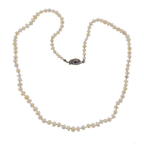 Art Deco 14k Gold Silver Natural Pearl Sapphire Necklace