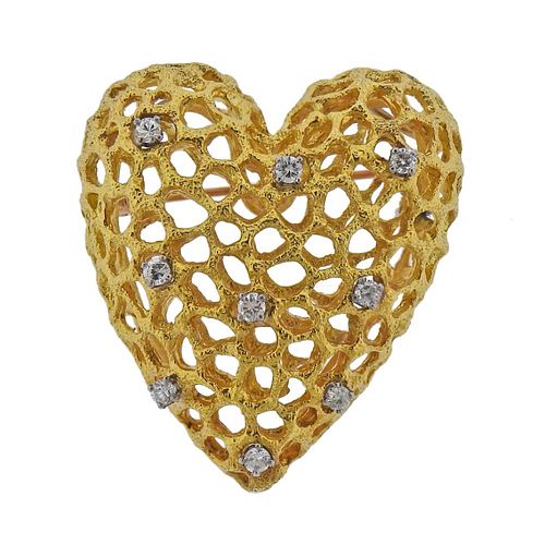 1970s 18K Gold Diamond Heart Slide Pendant Brooch