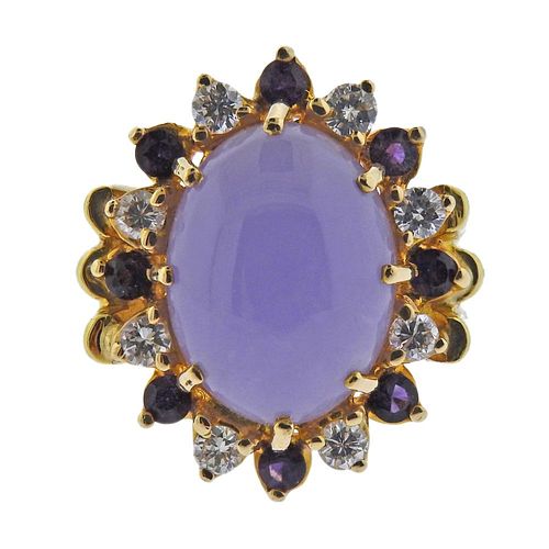 18k Gold Diamond Amethyst Lavender Jade Ring