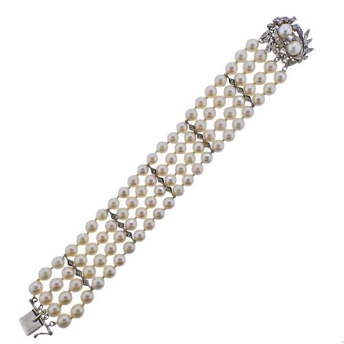 14K Gold Diamond Pearl Multi Strand Bracelet