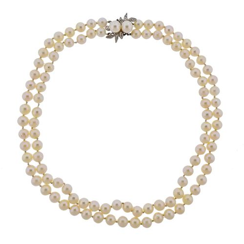 Mid Century 14K Gold Diamond Pearl Double Strand Necklace