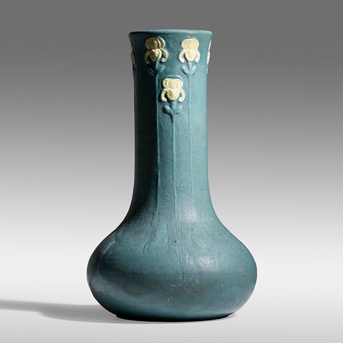 Ruth Erickson for Grueby Faience Company, Exceptional and Tall vase with irises