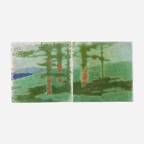 Addison LeBoutillier for Grueby Faience Company, The Pines tiles, set of two