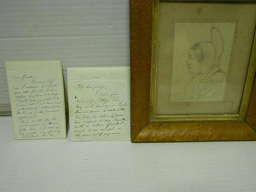 OPIE, Amelia Two autograph letters signed, 1842 and 1844, 'Dear Friends...' and a pencil sketch head