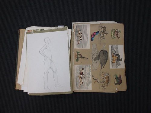 A folio and a box of assorted antique prints, watercolours, drawings and photographs