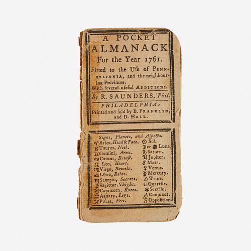 [Americana] [Franklin, Benjamin] Saunders, R(ichard). A Pocket Almanack For the Year 1761. Fitted to the Use of Pennsylvania, and the Neighbouring Pro