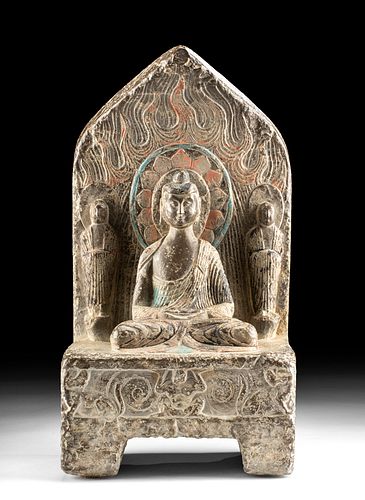 Chinese Qi Limestone Stela w/ Buddha & Bodhisattvas