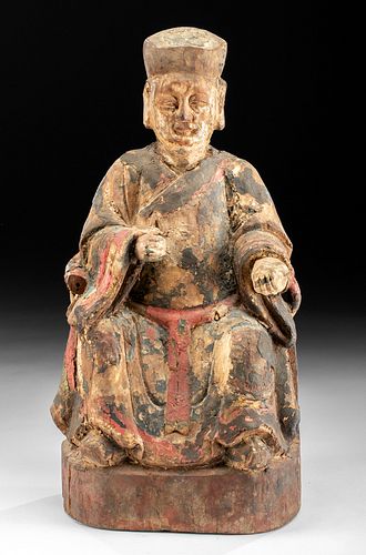 18th C. Chinese Qing Polychrome Wood God of Wealth