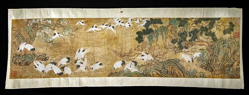 19th C. Japanese Edo Paper Scroll Painting w/ Cranes