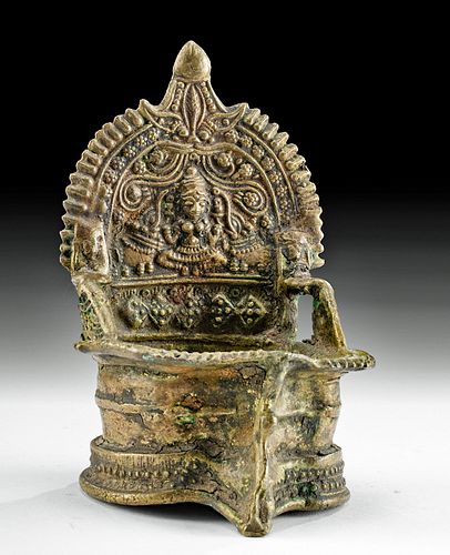 19th C. Indian Brass Devotional Oil Lamp w/ Gajalakshmi
