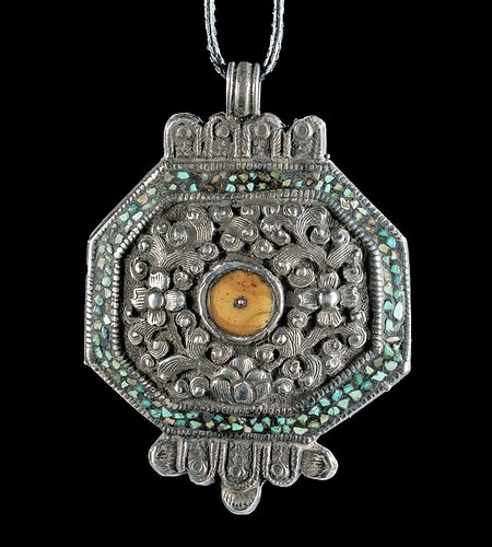 Late 19th C. Tibetan Silver, Turquoise & Copal Pendant