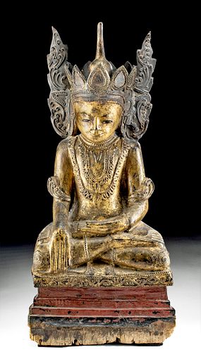 19th C. Thai Gilt Wood Crowned Buddha