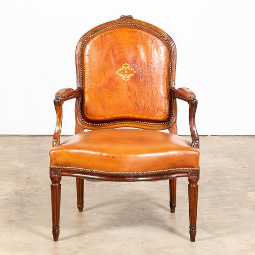 L. 19TH C. FRENCH LOUIS XVI STYLE LEATHER FAUTEUIL