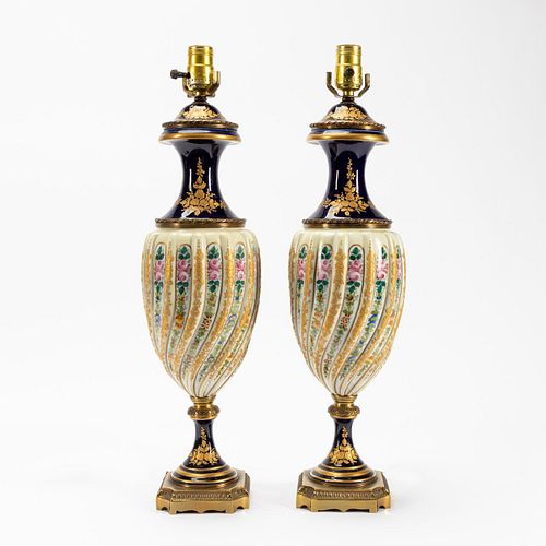 PAIR, SEVRES STYLE COBALT FLORAL URN TABLE LAMPS