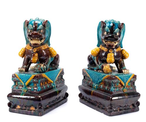 PAIR OF LARGE CHINESE BLUE CERAMIC GUARDIAN LIONS