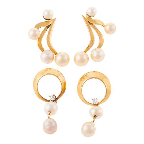 Two Pairs of Vintage Pearl Dangle Earrings in 14K