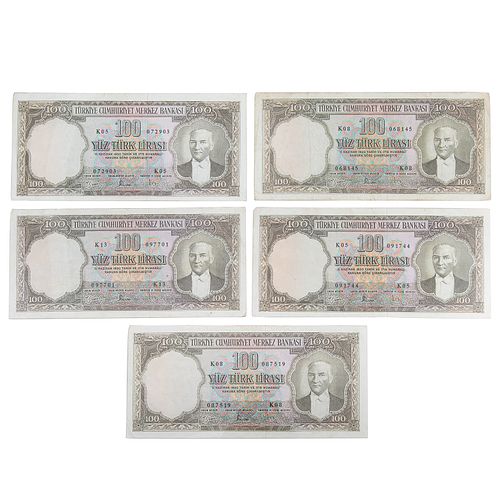Five 100 Lira Türkiye Cümhuriyet Merkez Bankasi 169a