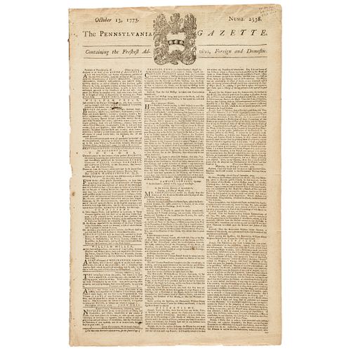 October 13, 1773 Colonial Newspaper with Report on Prelude to Boston Tea Party