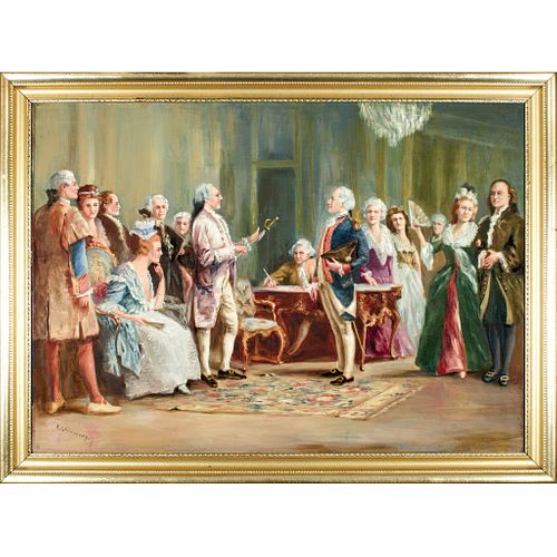 George Washington Accepting a Sword from Lafayette Oil on Canvas Painting 