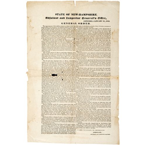 1833 Printed Broadside for State of New Hampshire Military Militia Orders 