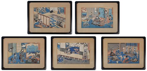 (5) KUNISADA, Woodblock Prints, Geisha & Samurai