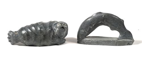 Inuit Carved Stone Walrus and Fish Sculpture