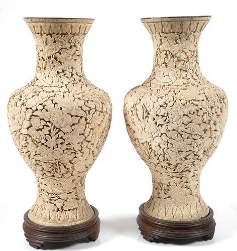 Pair Chinese Carved White Lacquer Vases