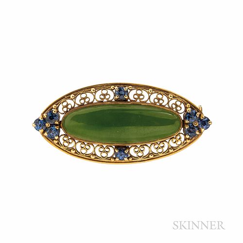 Arts and Crafts Tiffany & Co. 18kt Gold, Jade, and Sapphire Brooch
