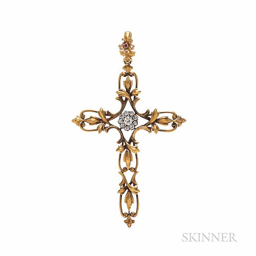 Art Nouveau 18kt Gold and Diamond Cross