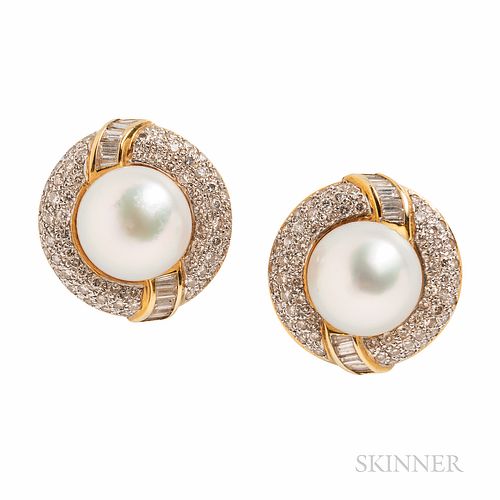 18kt Gold, South Sea Button Pearl, and Diamond Earrings