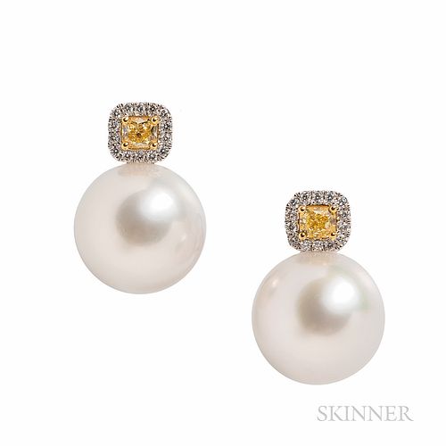 18kt White Gold, South Sea Pearl, Yellow Diamond, and Diamond Earrings