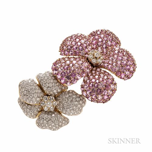 18kt Gold, Pink Sapphire, and Diamond Flower Brooch