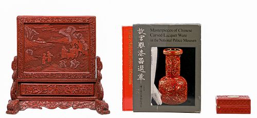 Chinese Cinnabar Table Screen and Box