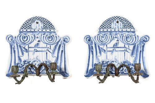 PAIR BLUE & WHITE WHIMSICAL TWO-LIGHT WALL SCONCES