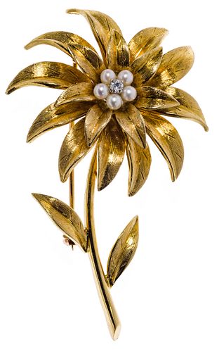 Tiffany & Co 18k Yellow Gold, Diamond and Pearl Flower Brooch