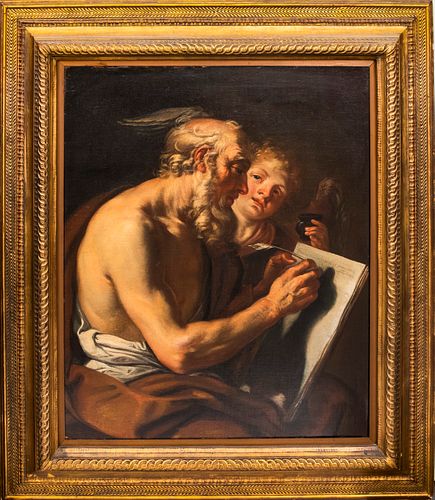 Italian School "Saint Matthew & Angel" Oil Canvas