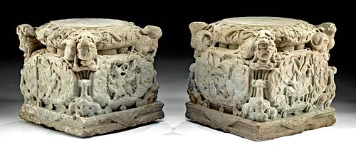 Chinese Ming Sandstone Pedestals w/ Snow Lions (pr)