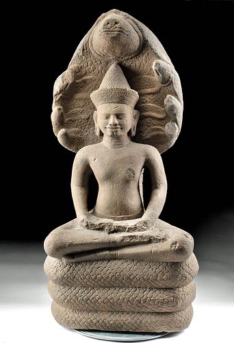 11th C. Khmer Stone Buddha on Naga Throne