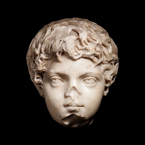 A Roman Marble Portrait Head of the Young Caracalla
Height 9 1/4 inches. 