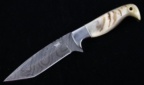 M.T. Knives Damascus and Rams Horn Tanto Knife