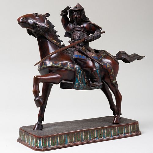 Japanese Bronze and Cloisonne Enamel Figure of a Samurai on Horseback