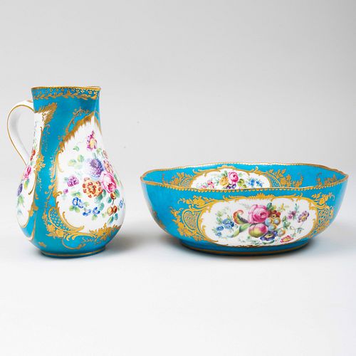 SÃ¨vres Turquoise Ground Porcelain Bowl and Pitcher