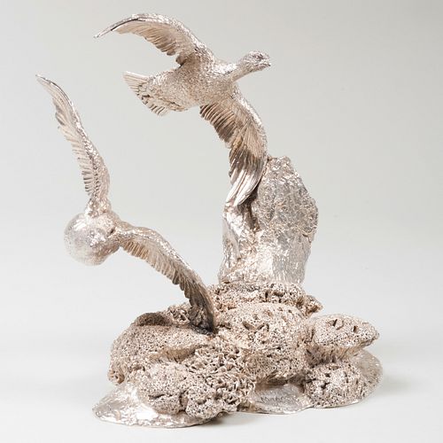 Patrick Mavros Silvered Metal Group of Grouse in Flight