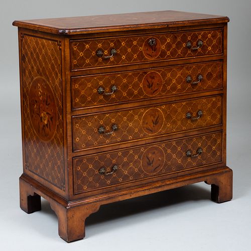 George III Style Burlwood and Fruitwood Trellis Parquetry Chest of Drawers