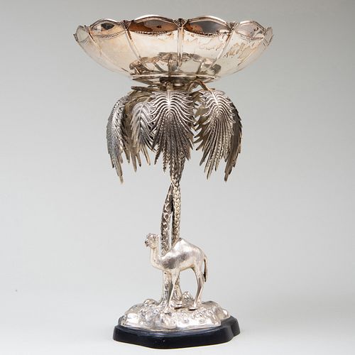Silvered Metal Centerbowl Cast with Camel and Palm Tree