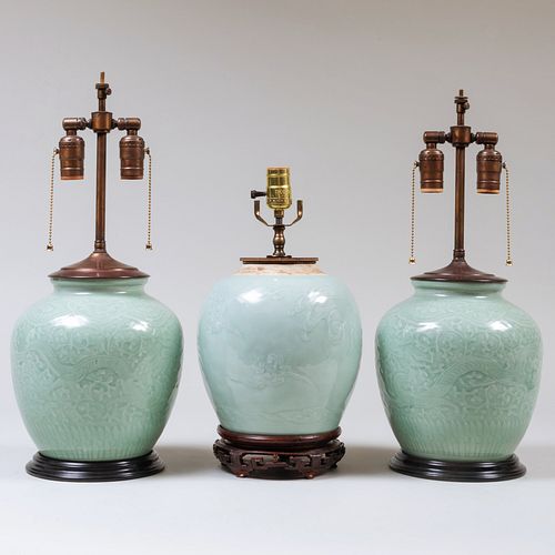 Pair of Chinese Celadon Vases and a Ginger Jar Mounted as Lamps